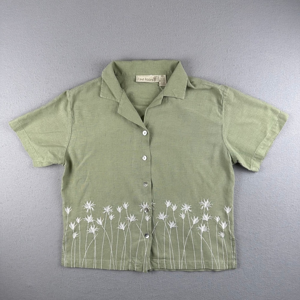 Jane Ashley Button Up Shirt Womens M Sage Green Linen Blend Floral Embroidered